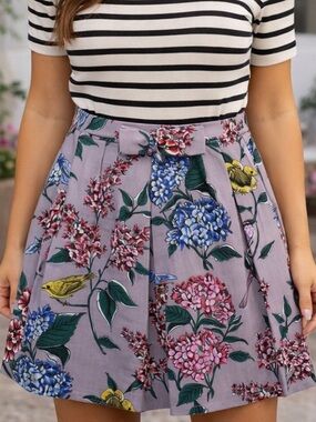 Boden Lavender Gray Kiera Floral Bird Print A-Line Bow Skirt